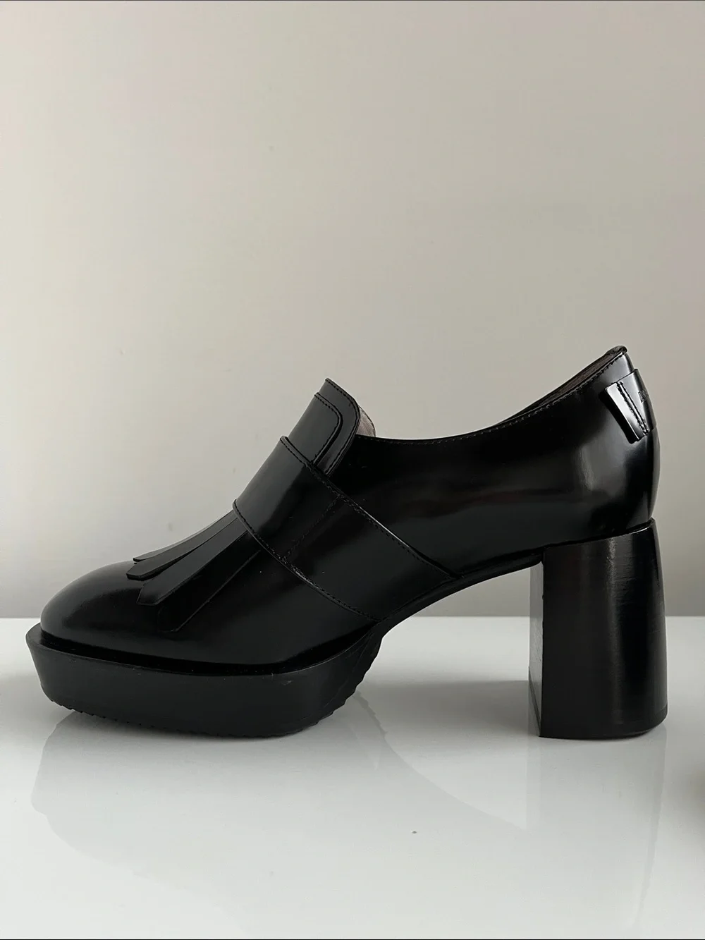All Saints “ZIA” Black Leather Kiltie Loafers with Gold Buckle